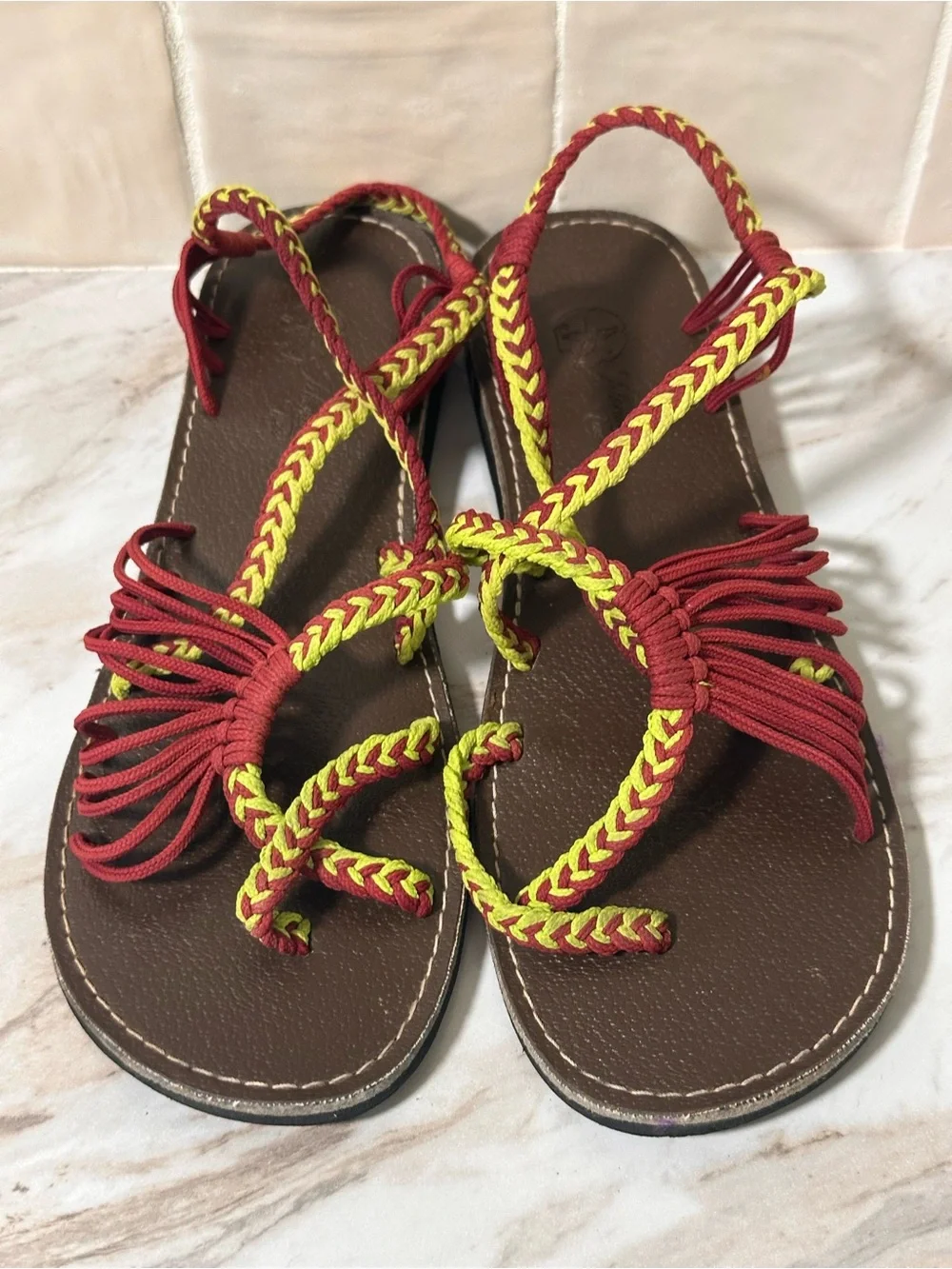 Island Toes Yellow and red braided sandals with yellow and red woven straps- 9